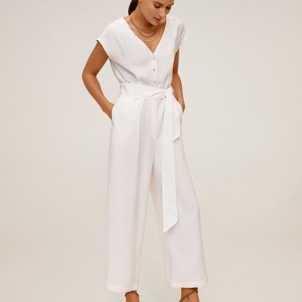 MANGO Belt Long White Jumpsuit size S